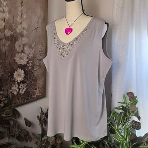 Susan Graver Liquid Knit Tank Top Grey Embellished V-Neck Sleeveless Blouse XL